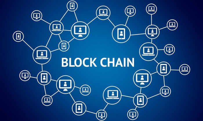 这张图片展示了“BLOCK CHAIN”字样，周围有代表数据和安全的符号，形成网络状连接，暗示区块链技术的加密和分布式特性。