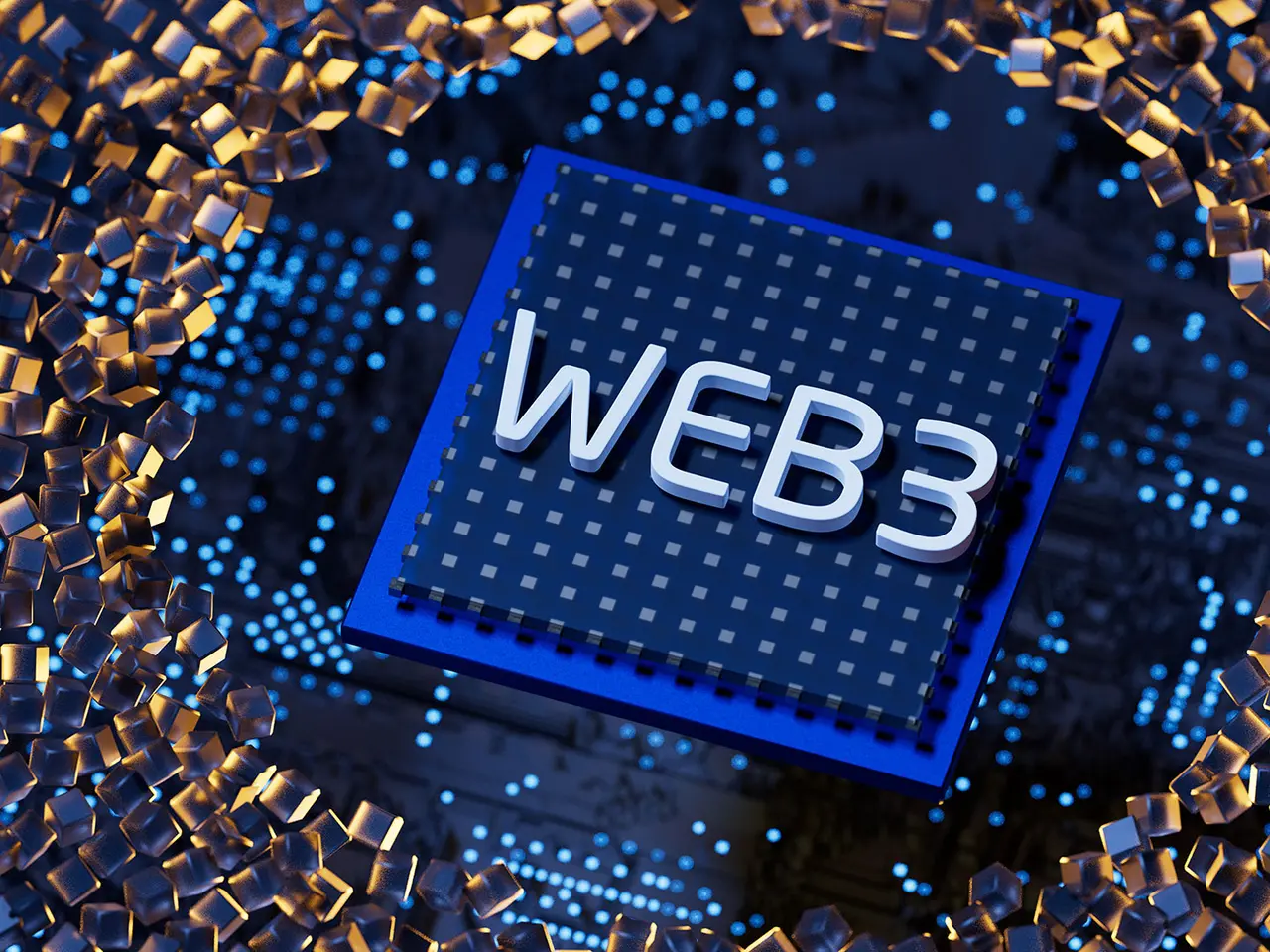 这是一张描绘Web3字样的三维处理器芯片的图片，芯片周围散布着金色的六边形元素，象征技术和创新。