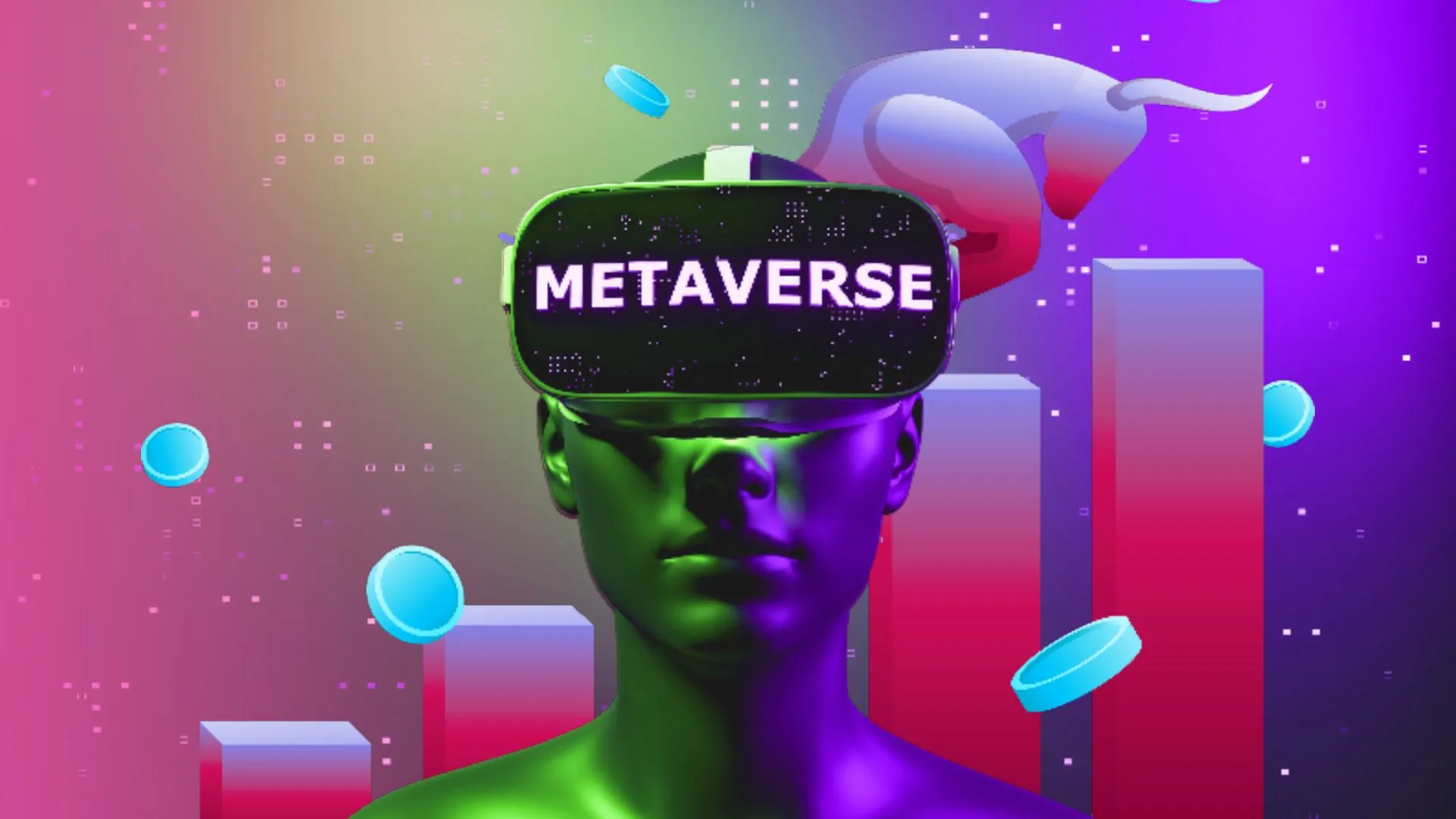 这张图片展示了一个头戴写有“METAVERSE”字样头盔的人体模型，背景是色彩斑斓的抽象图形和浮动的几何形状。