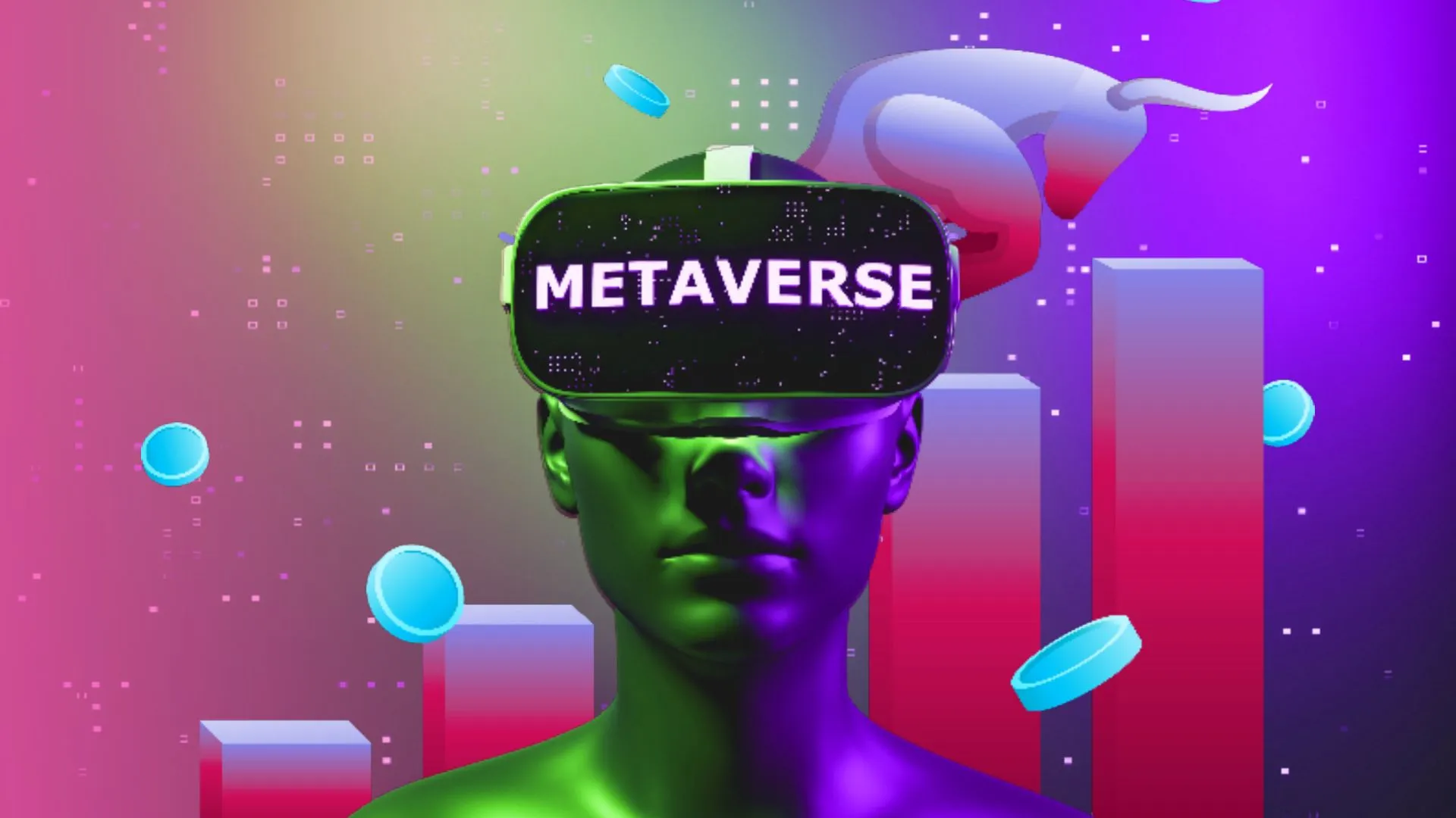这是一张描绘虚拟现实概念的图片，展示一个佩戴着写有“METAVERSE”字样头盔的人类头像，背景是彩色的抽象图形。