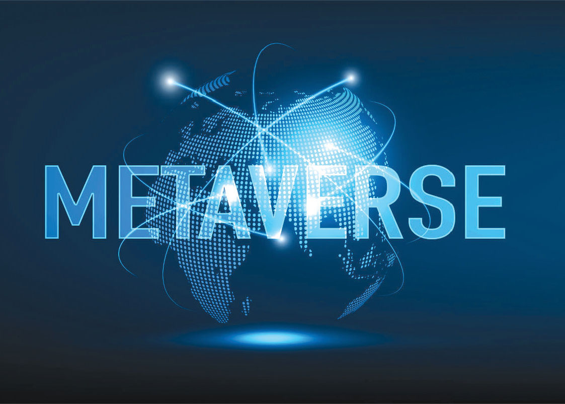 图片展示了一个由光点构成的地球仪图案，前方有“METAVERSE”字样，背景为深蓝色，整体给人科技感和未来感。