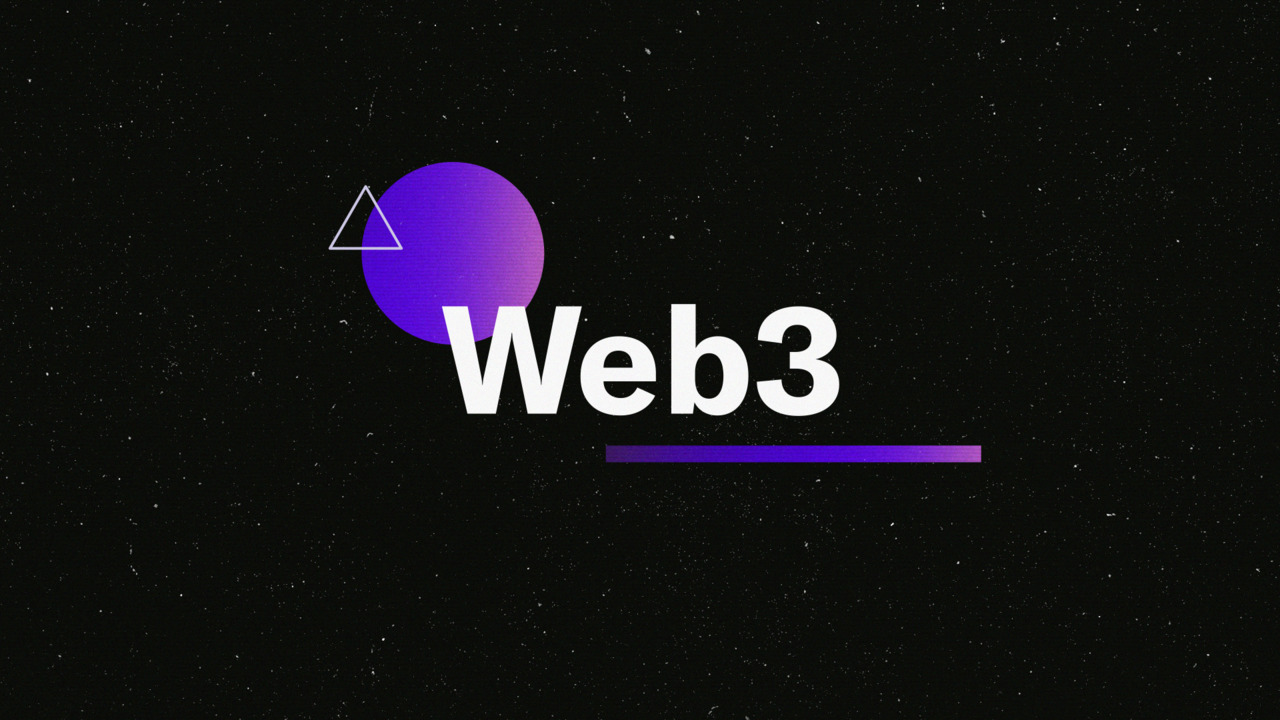 图片展示的是黑色背景上带有“Web3”文字的图形设计，旁边有一个紫色圆形和三角形，下方有一条紫色线条。