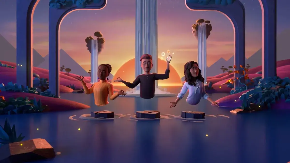 这是一张卡通风格的图片，三个人在神秘的户外环境中冥想，背景有山脉、植物和落日的天空。