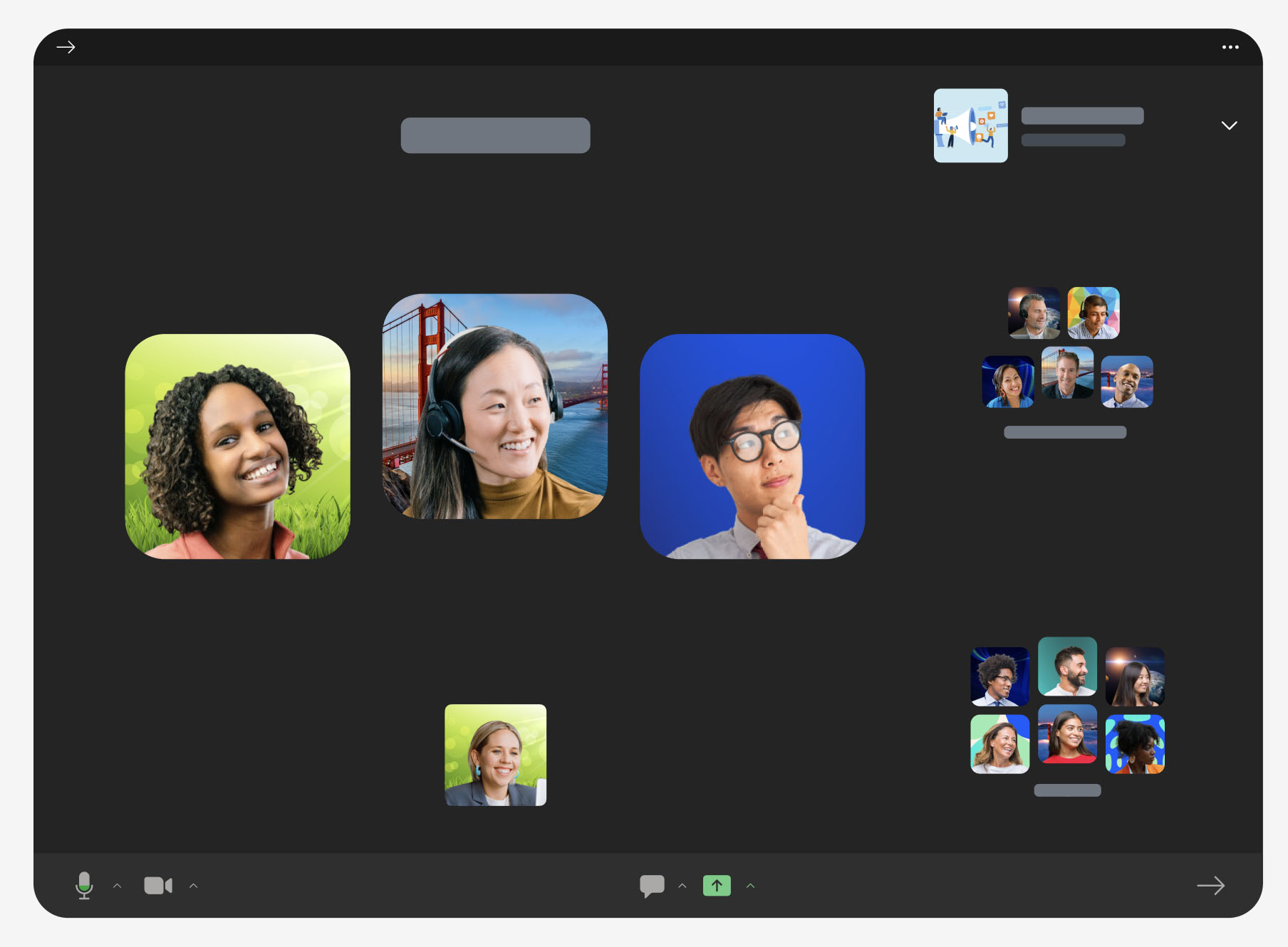 这是一张视频会议软件界面截图，显示了五位参与者的头像，背景是虚拟的，包括一座桥和其他图案。
