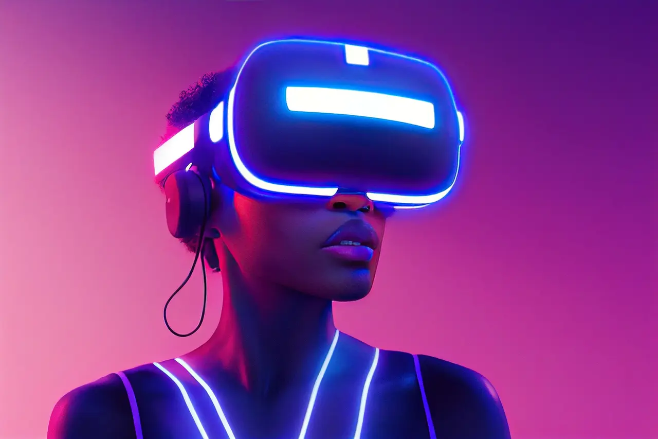 图片展示了一位女士戴着虚拟现实头盔和耳机，背景为紫色调，她的面部表情平静，仿佛沉浸在虚拟世界中。