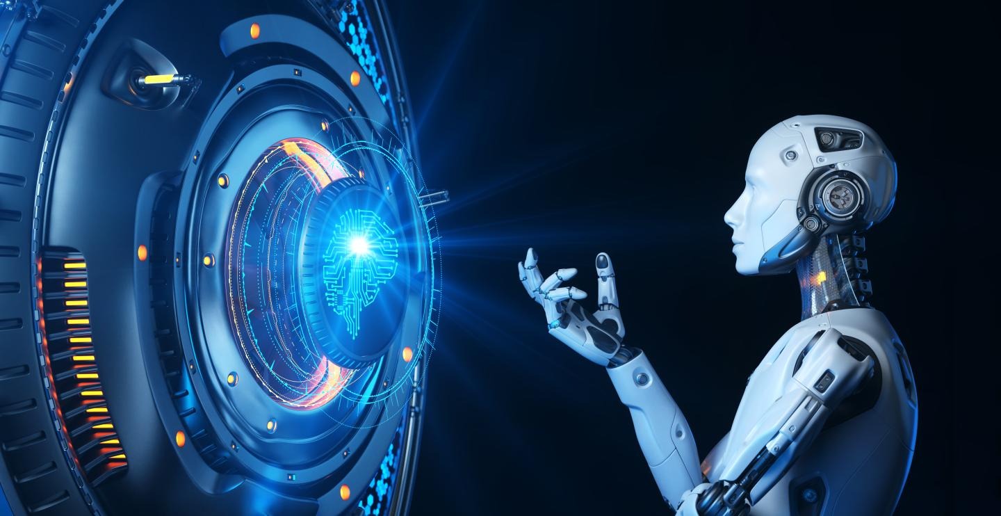 图片展示了一台具有高科技感的机器人，它正用手指触碰一个发光的圆形物体，周围充满了未来科技的元素。