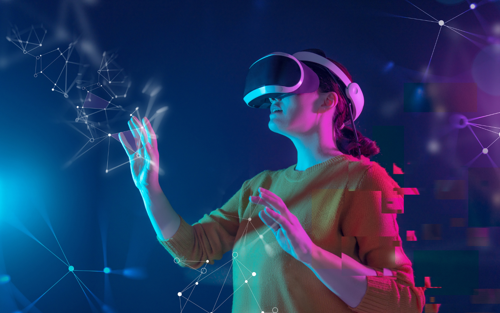图片展示一位女性佩戴虚拟现实头盔，正专注地用手指触碰虚构的三维数字界面，周围充满科技感的光线与图形。