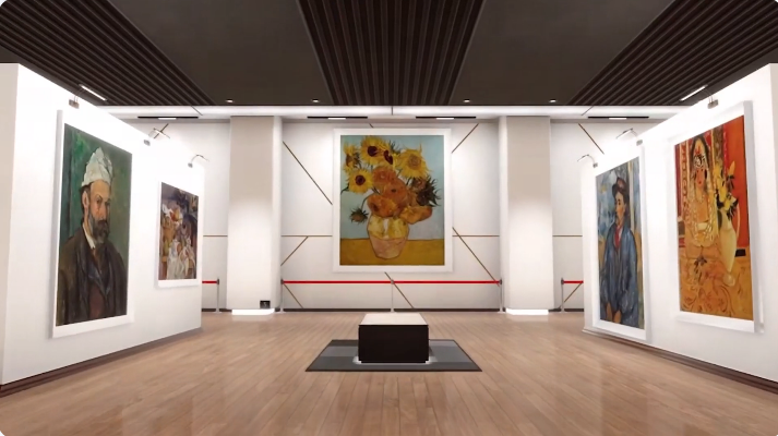 这是一间展览室，墙上挂着五幅画作，包括中间的一幅向日葵图。展室内部装潢简洁现代，以白色和暖色调为主。