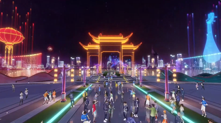 这是一张动画风格的图片，展示了人们在未来城市中夜晚繁华街道上行走，街道两旁装饰着灯光，建筑风格融合传统与现代。