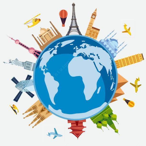 图片展示了地球仪，周围环绕着代表不同国家的著名地标和交通工具，如埃菲尔铁塔和飞机，象征全球旅行和文化多样性。