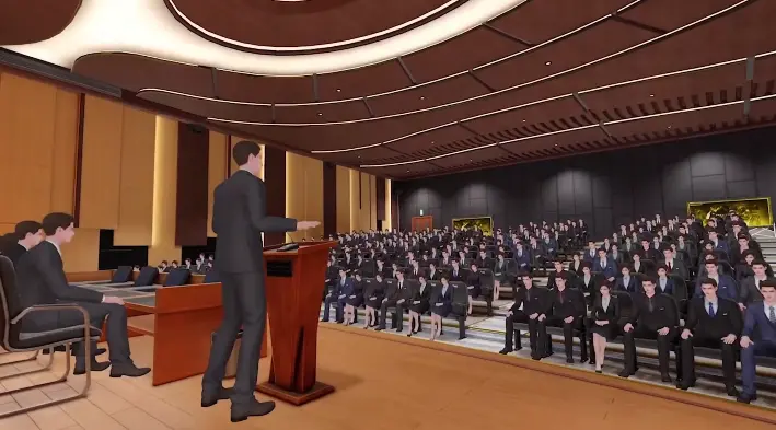 图片展示了一个模拟的室内环境，一个人物站在讲台上演讲，众多听众坐在会场内，场景可能是一个会议或演讲活动。