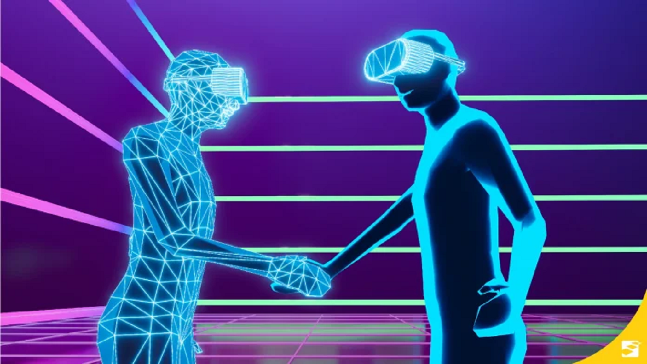 图片展示了两个数字化的人形图像在紫色背景下握手，他们身穿虚拟现实头盔，周围有光线构成的线条。
