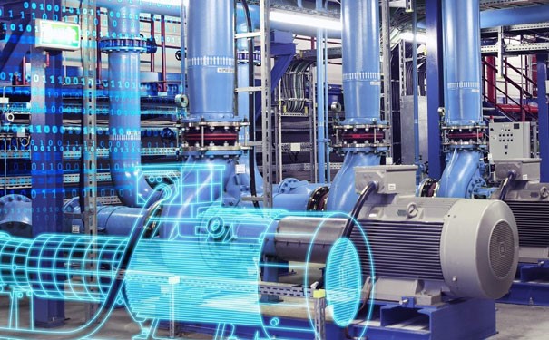 这是一张工业设施内部的图片，显示了几台电机和管道，图中还有数字化元素和蓝色光线，突显技术感。