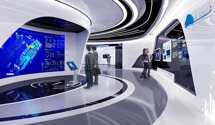 图片展示未来风格室内设计，两人站立，前方多个高科技操作面板，整体色调以白色和蓝色为主，线条流畅。