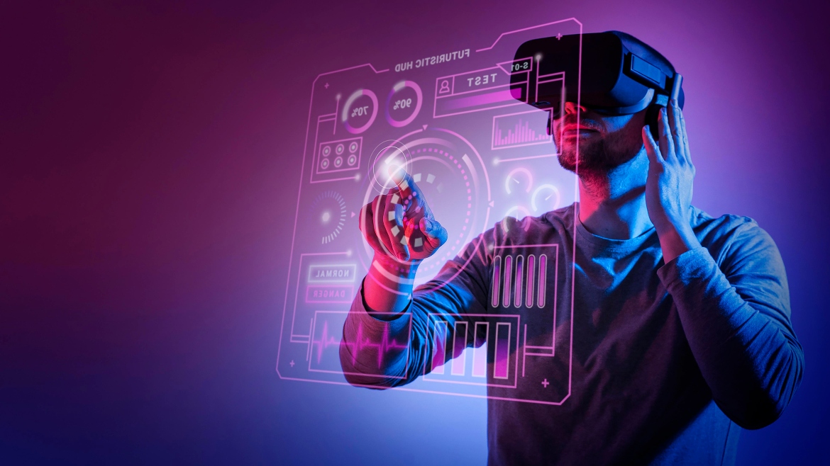 图片展示一位男士戴着虚拟现实头盔，正用手指触摸和操作前方出现的虚拟界面，背景为紫色调。