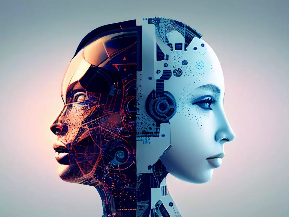 这是一张描绘机器人与人类特征相结合的图片，展示了半人脸与半机械头部，体现了高科技与人性的融合。