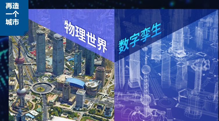 这是一张图文结合的图片，左侧展示现代城市航拍视角，右侧是蓝色调的建筑蓝图图案，中间有“智慧城市”和“未来生活”的字样。