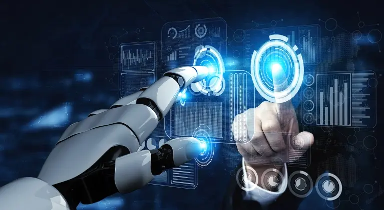 图片展示了一只机器人手臂在进行操作，它触碰着虚拟界面上的图标，周围是高科技感的图表和数据界面。