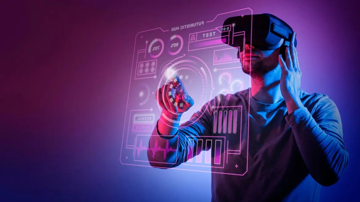 图片展示一位男士戴着虚拟现实头盔，正用手指触碰前方虚拟的交互界面，背景为紫色渐变光效。