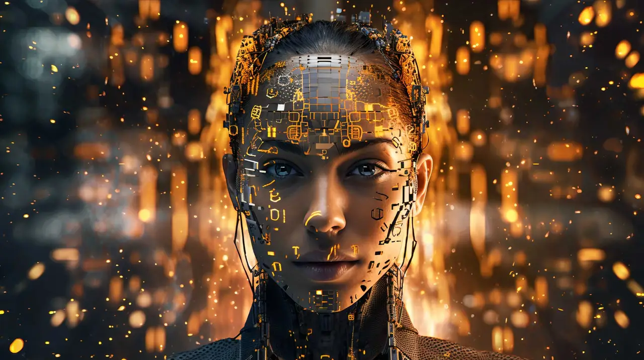 图片展示了一位半机械半人类的女性面孔，面部细节呈现出金属质感，背景中有金色的光点。