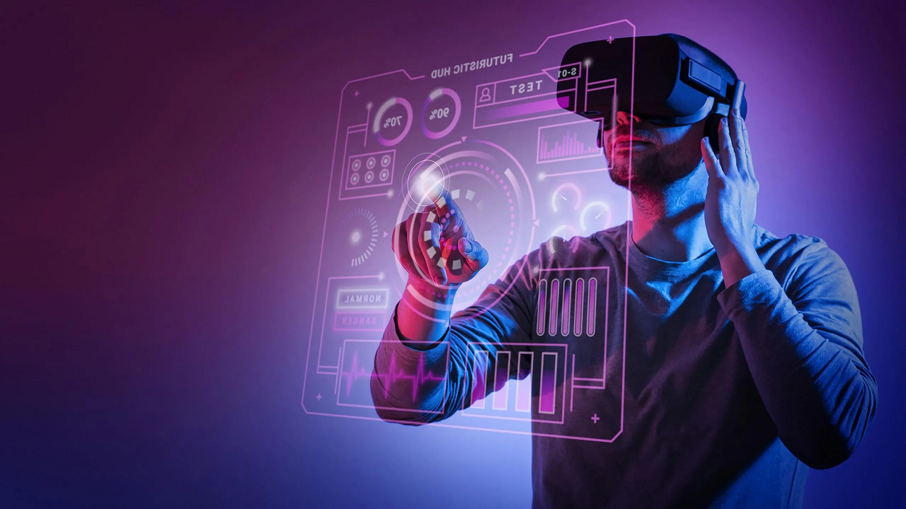 图片展示一位男士戴着虚拟现实头盔，正用手指触碰前方虚拟的交互界面，背景为紫色调，科技感强烈。