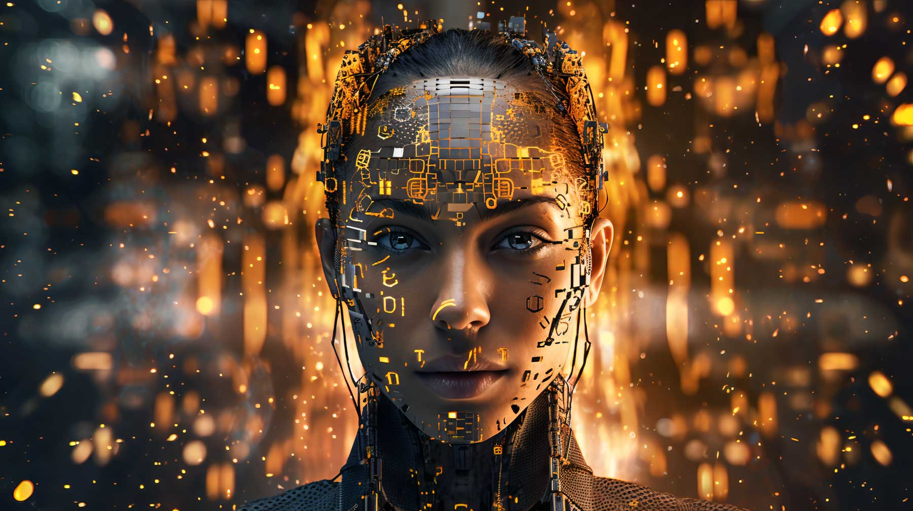 这是一张描绘半机械化女性面孔的图像，具有未来科技感，面部有金色电路图案，背景是模糊的橙色光点。