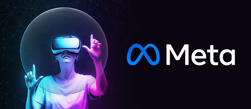 图片展示一位戴着虚拟现实头盔的人，正抬手指向某物，背景有Meta的标志，整体色调偏紫蓝，科技感十足。