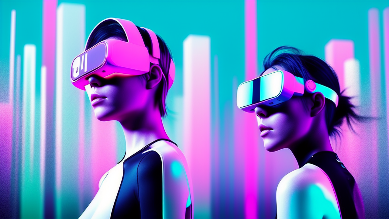 图片展示了两位佩戴先进虚拟现实头盔的人物，站在充满霓虹光线的未来都市背景前，彰显科技感和未来风格。