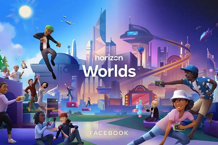 这是一张展示虚拟现实世界的插画，多个卡通风格的人物在未来城市中活动，体现科技与互动娱乐的融合，图中有“Horizon Worlds Facebook”字样。