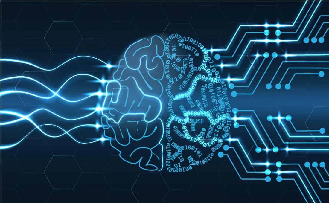 这张图片展示了人工智能的概念，脑图形由数字构成，与电路板相连，象征着技术与智慧的结合。