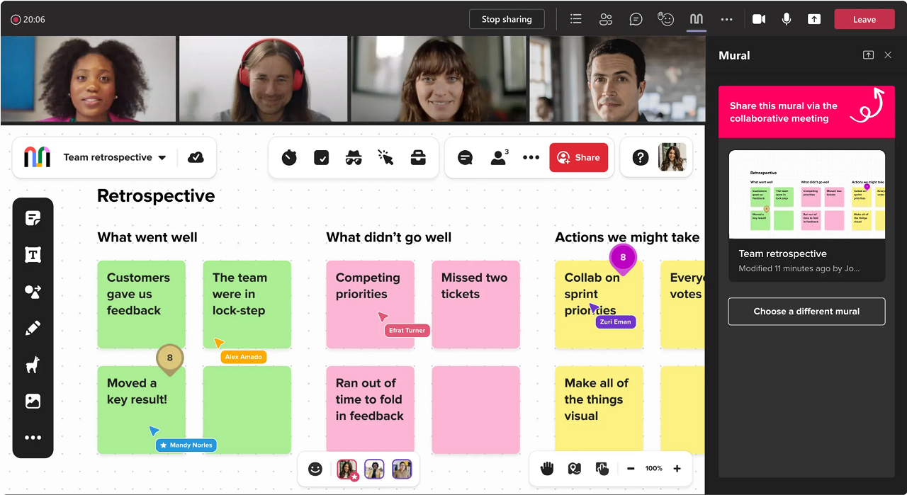 图片展示了一款在线协作工具界面，多名用户正在进行远程会议，界面上有各种便签和图表，用于团队讨论和项目管理。