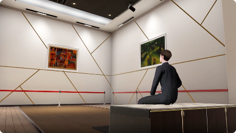 图片展示一位男士坐在美术馆内，面对墙上的两幅画作沉思观赏。环境现代简洁，以暖色调为主。