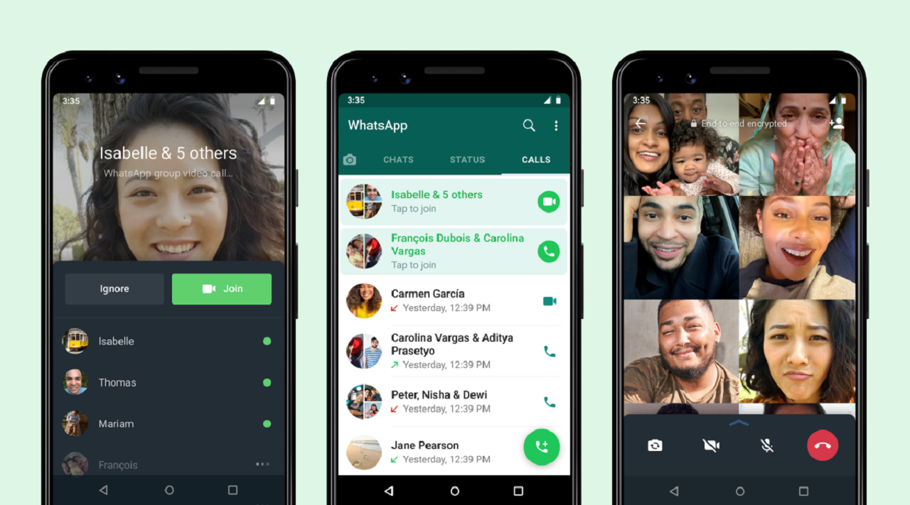 三部手机显示不同的WhatsApp界面，包括聊天列表、群聊邀请和视频通话功能，展示应用的社交互动特性。