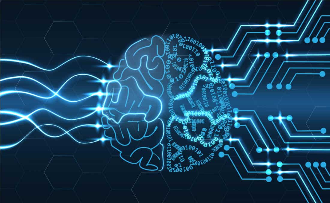这张图片展示了人脑与人工智能的结合，用电路图案和数字代表智能技术，暗蓝色背景，寓意科技与思维的融合。