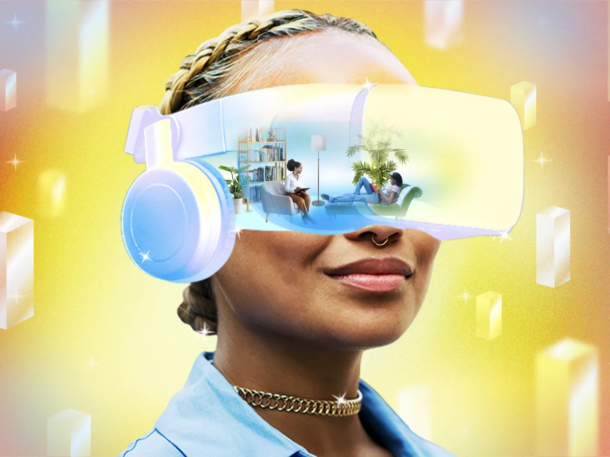 女性戴着虚拟现实头盔，眼前展现未来科技场景，色彩明亮，体现现代科技与日常生活融合的概念。
