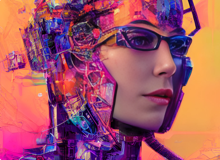 这是一张展示半机械化女性头像的图片，色彩鲜艳，融合了科技和未来感，呈现出一种赛博朋克风格。