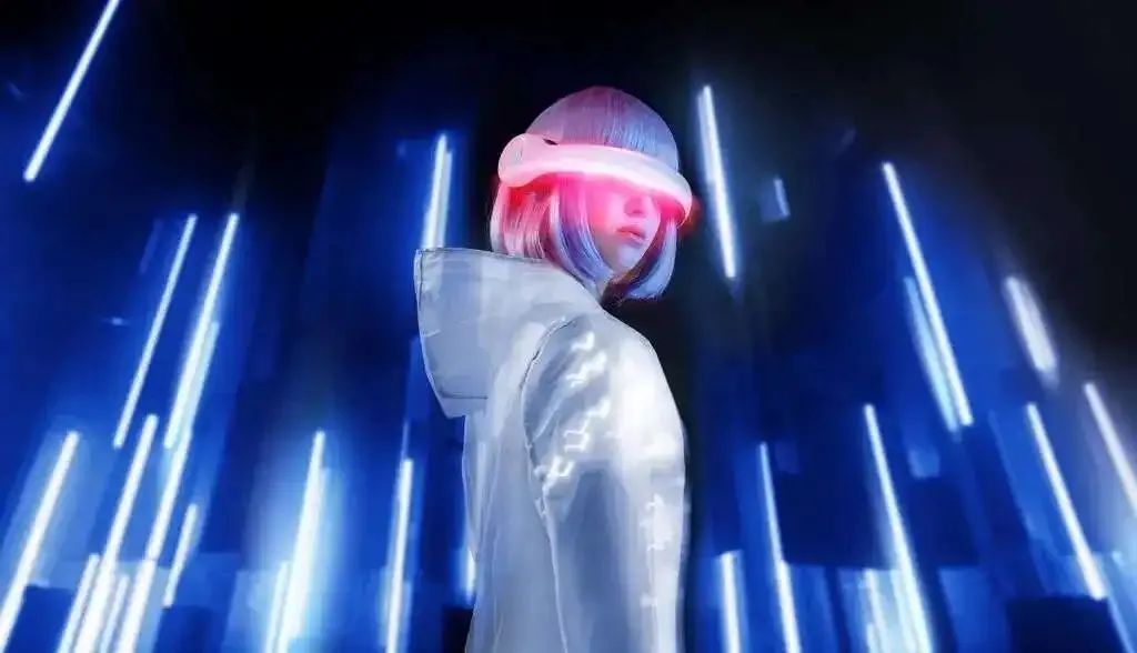 图片展示了一位戴着发光眼镜的女性，身处于蓝色光柱环绕的未来感场景中，给人一种科幻电子音乐视频的感觉。