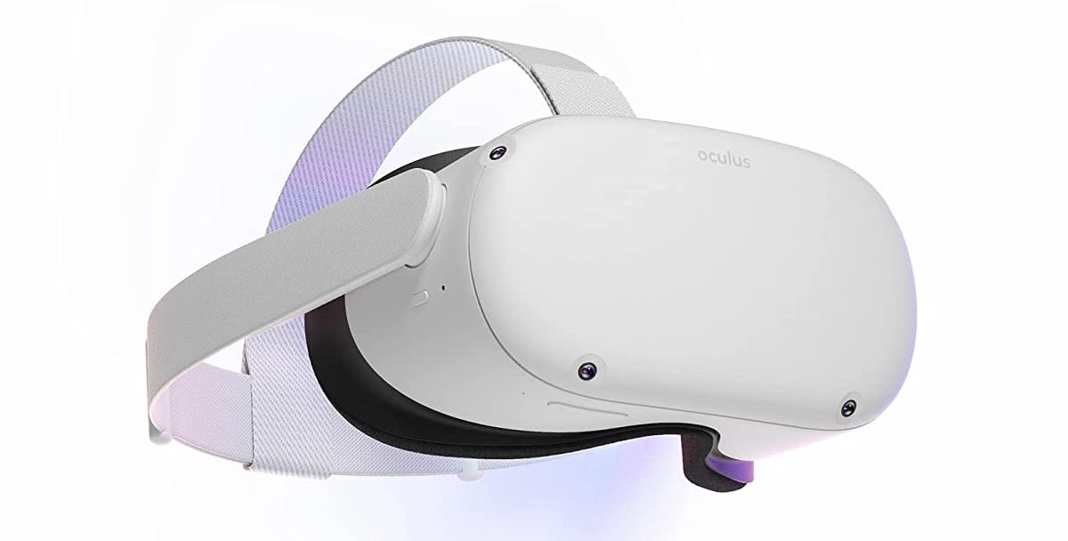这是一副白色的虚拟现实头戴设备，有着两个调节带和前端的传感器，设计现代简洁。