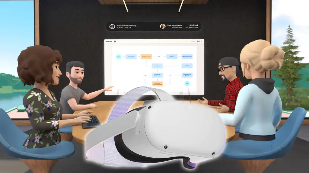 图片展示了四个卡通风格的虚拟角色坐在会议室内，正围绕一张桌子开会，桌子上放着一副VR头盔，背景是自然风光。