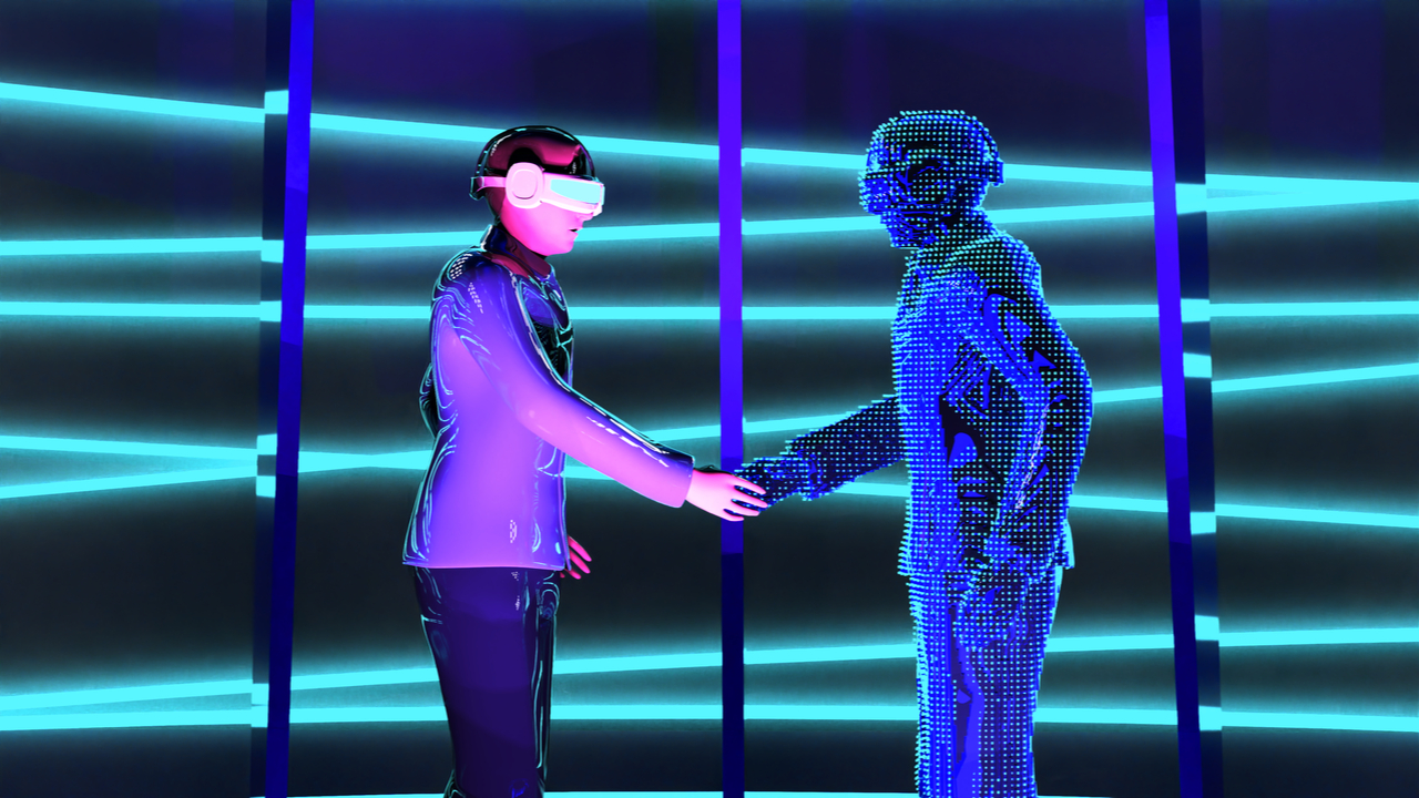 图片展示一位佩戴虚拟现实头盔的人与一位由数字像素构成的虚拟形象握手，背景是条纹的霓虹灯光。