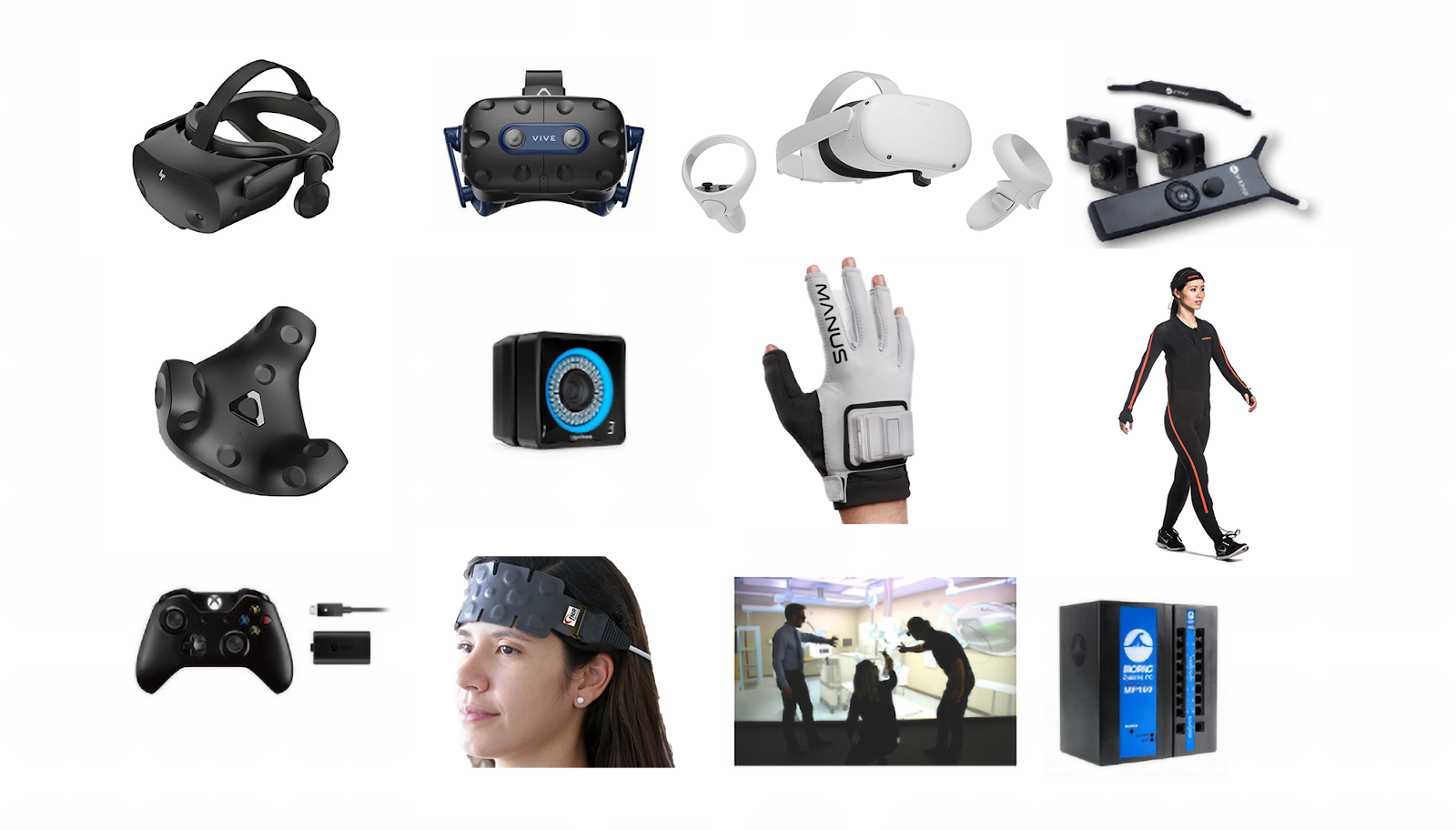 图片展示了多种虚拟现实设备，包括头戴式显示器、手柄、运动追踪器和其他感应配件。还有人在使用这些设备。