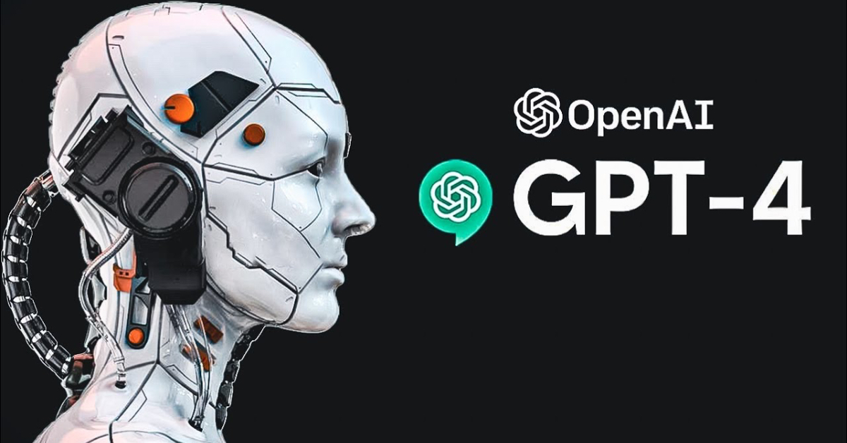这是一张描绘机器人头部侧面的图像，配有OpenAI和GPT-4的标识，展示了人工智能技术的主题。