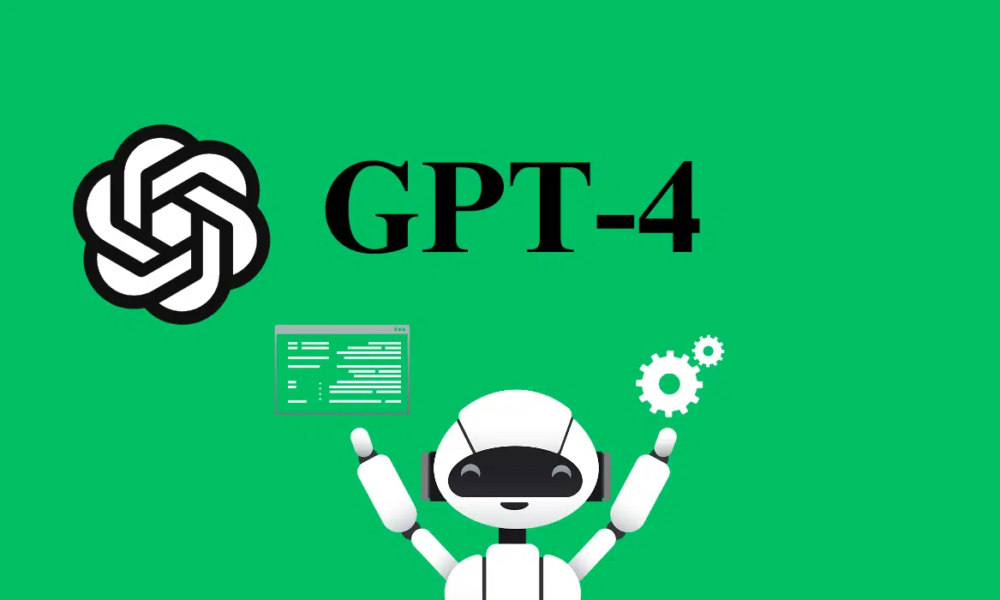 图片展示了一个卡通机器人，背景是绿色，旁边有“GPT-4”字样和几个象征技术的图标，如齿轮和代码界面。