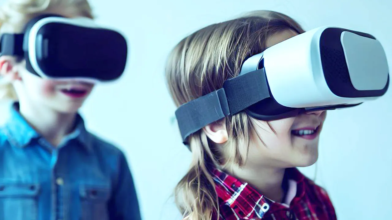 两个孩子戴着虚拟现实头盔，似乎在体验VR游戏。他们穿着休闲服装，表情显得好奇和兴奋。