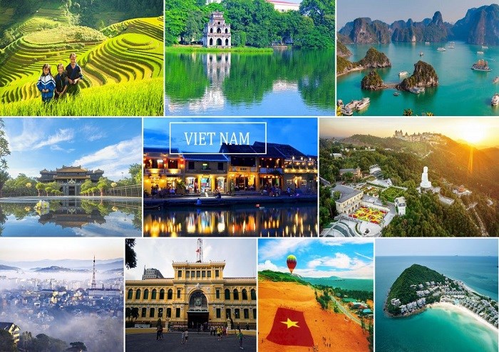 图片展示了越南的多个风景名胜，包括梯田、海岛、建筑、市集与自然景观，展现了该国的自然美和文化特色。