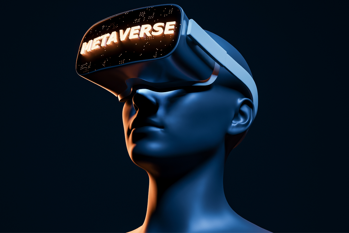 这是一张图片，展示了一个穿戴带有“METAVERSE”字样头戴式显示设备的人类模型，背景为深蓝色调。