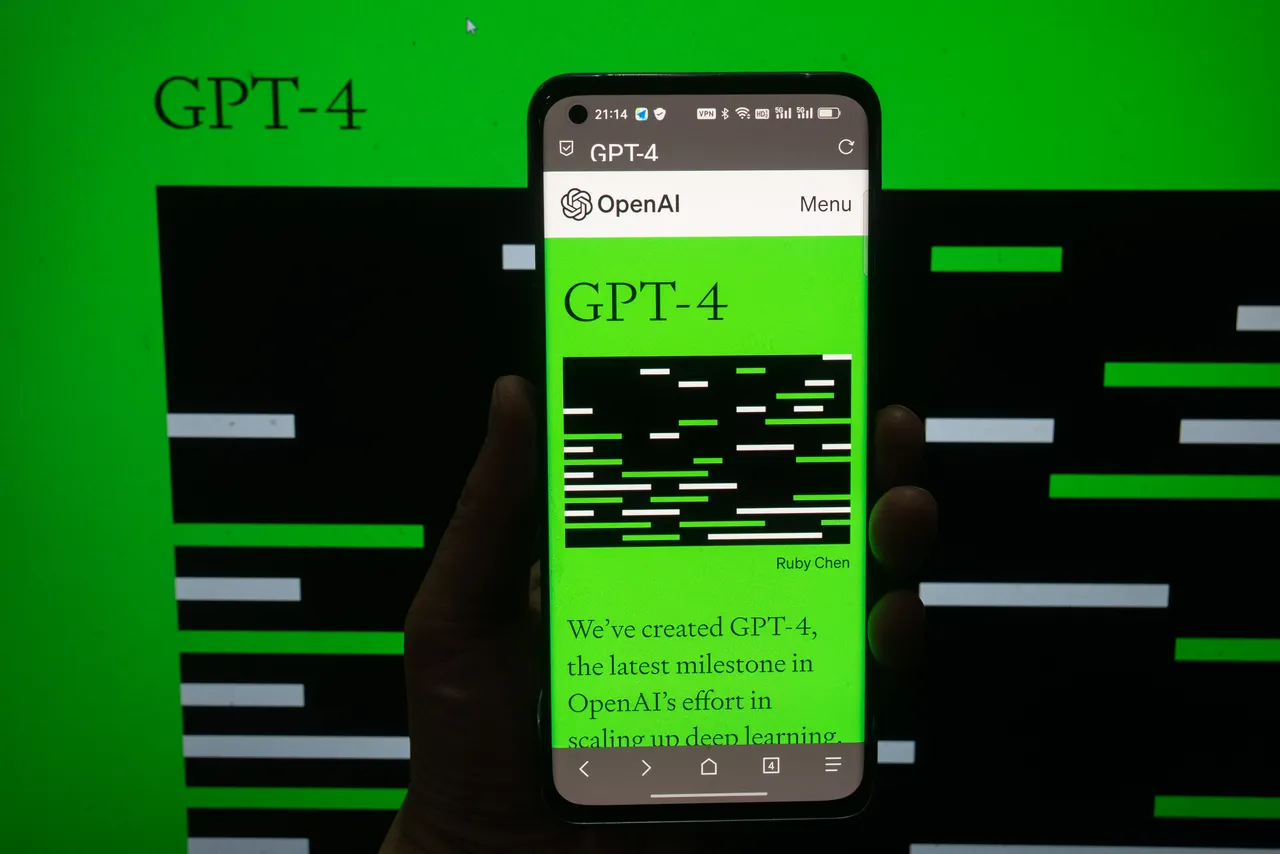 手持手机，屏幕显示“GPT-4”字样，背景为OpenAI的介绍文字，整体色调以绿色为主，显示技术宣传界面。