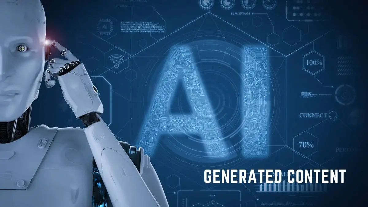 图片展示了一台机器人头部的侧面，背景是蓝色的，带有数字化图案和“GENERATED CONTENT”字样。