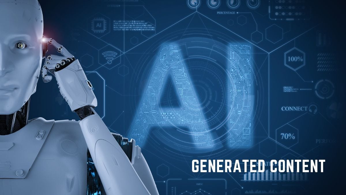 图片展示了一个机器人头部侧面，背景有数字化图案和“GENERATED CONTENT”文字，科技感十足。