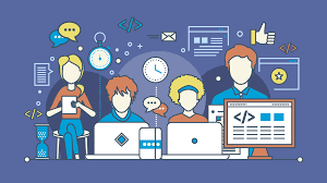 这是一张插画，展示了三个卡通人物正在使用电脑和平板进行工作，周围有聊天、时钟、代码等符号，暗示科技和沟通主题。